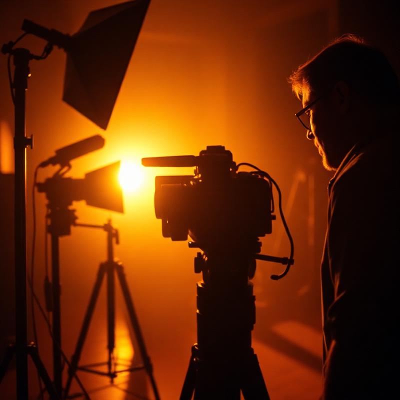Photographer adjusting studio lighting behind the scenes