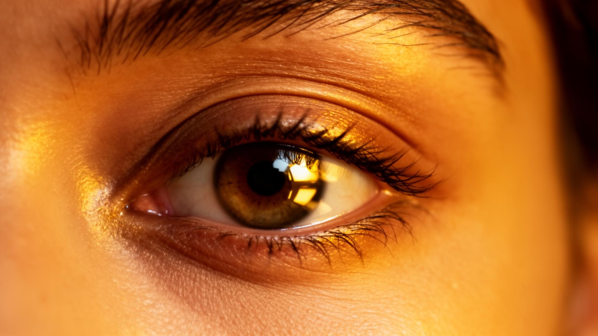 Extreme close up of an eye with golden softbox reflection