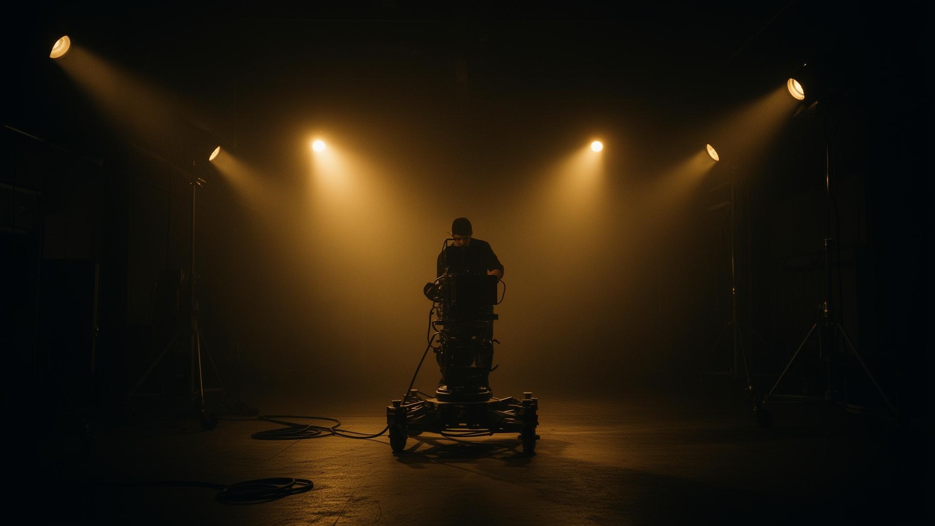 Tungsten lit film set wrapped in fog
